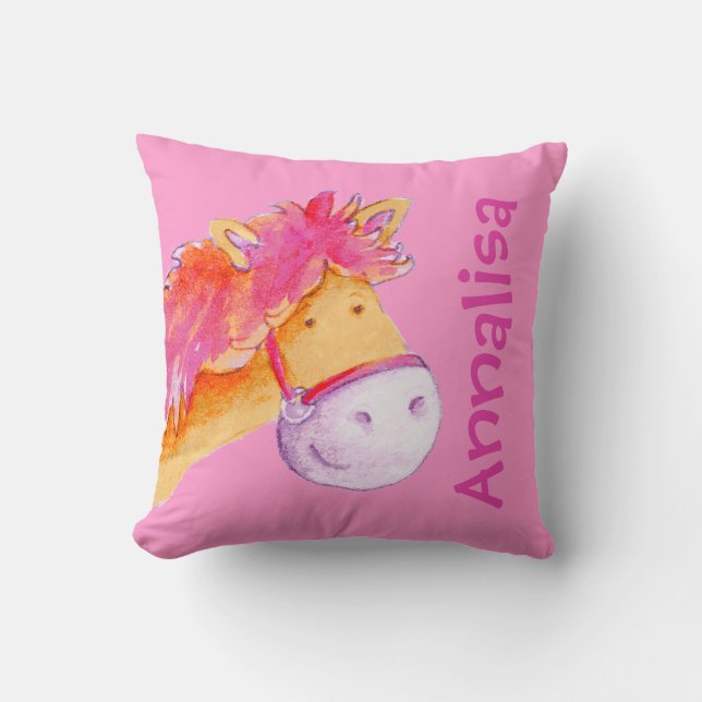 Coussin rose orange de poney de filles mignonnes (Recto)