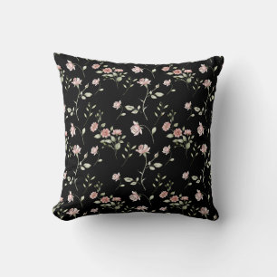 Coussin Rose Pâle Aquarelle Floral Noir 