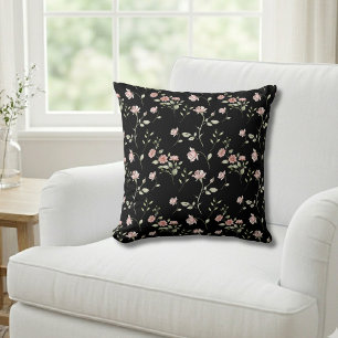 Coussin Rose Pâle Aquarelle Floral Noir