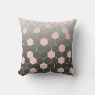 Coussin Rose Pâle Gris & Or Hexagone Moderne Glamour