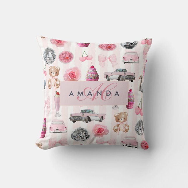 Coussin Rose pâle Monogram Rétro Boule disco Coquette (Recto)