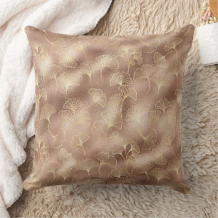 Coussin Rose Pâle Or Feuilles De Ginkgo Élégant Botanique