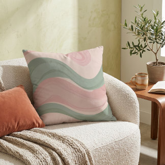 Coussin Rose Pâle Vert Sauge Motif Abstrait Ondulé