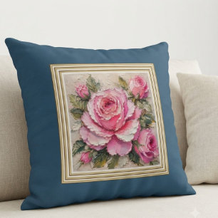 Coussin Rose peinture à l'huile Shabby Chic accent bleu ac
