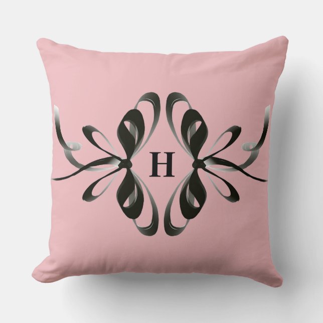 Coussin rose personnalisé avec Monogramme noir (Recto)