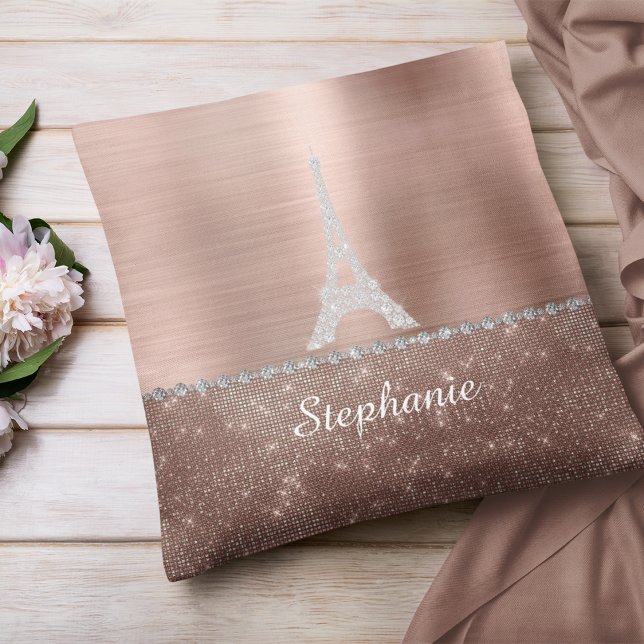 Coussin Rose personnalisée Gold Diamond Sparkle Paris (Personalized Girly Rose Gold Diamond Sparkle Paris Throw Pillow)