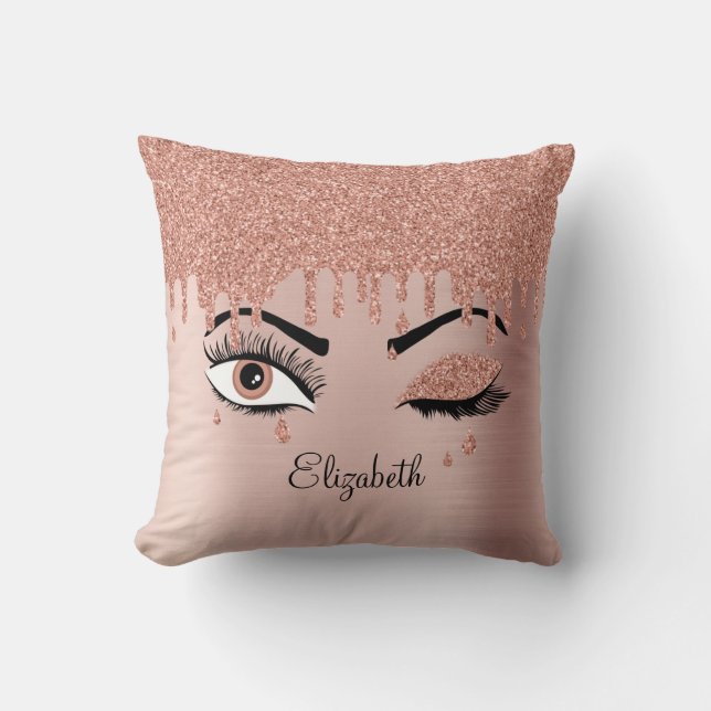Coussin Rose Pink Gold Eyelashes Dripping Glitter (Recto)