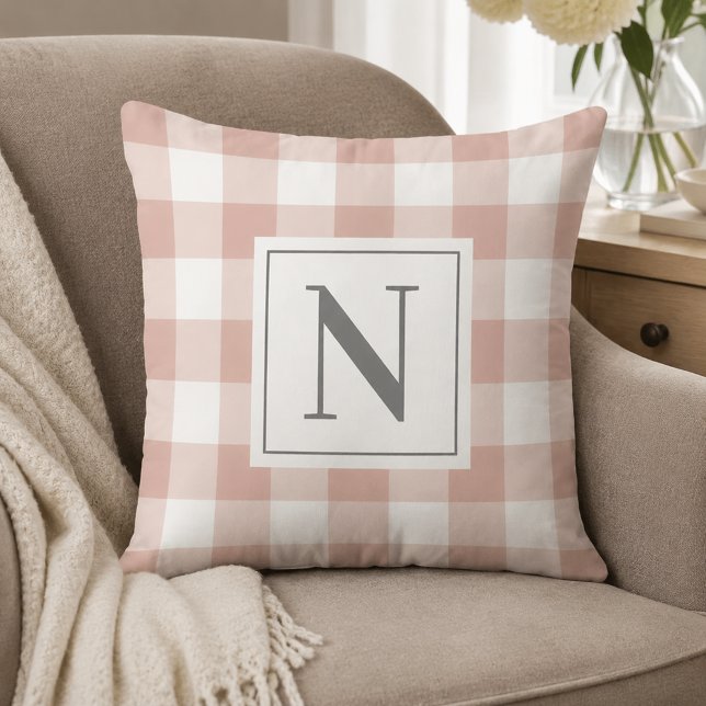 Coussin Rose rose blanc Gingham Check Monogram Initiale (Créateur téléchargé)
