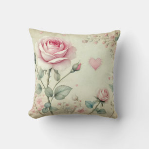 Coussin Rose rose coeur floral vintage pastel aquarelle