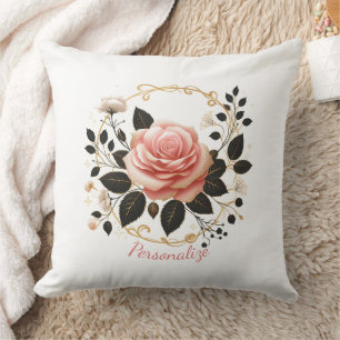 Coussin Rose rose élégant et art floral or personnalisable