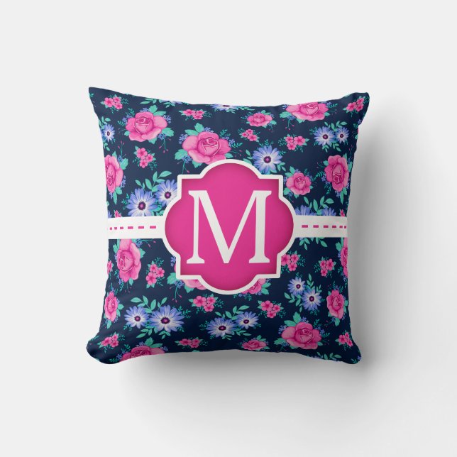 Coussin Rose rose Floral Motif Personnalisé Monogramme (Recto)
