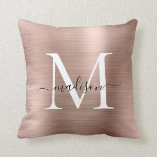 Coussin Rose Rose Or Brossé métal Girly Script Monogramme