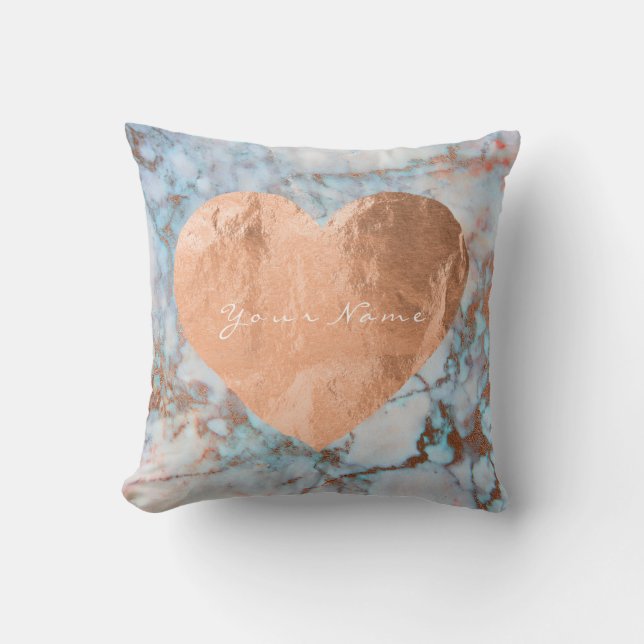 Coussin Rose Rose Or Brush Coeur Bleu Océan Marbre (Recto)