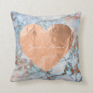 Coussin Rose Rose Or Brush Coeur Bleu Océan Marbre