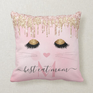 Coussin Rose rose or meilleur chat maman monogramme