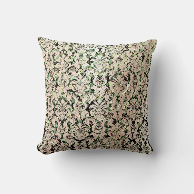 Coussin Rose Rose Or Métallurgique Damas Green Sequin (Recto)