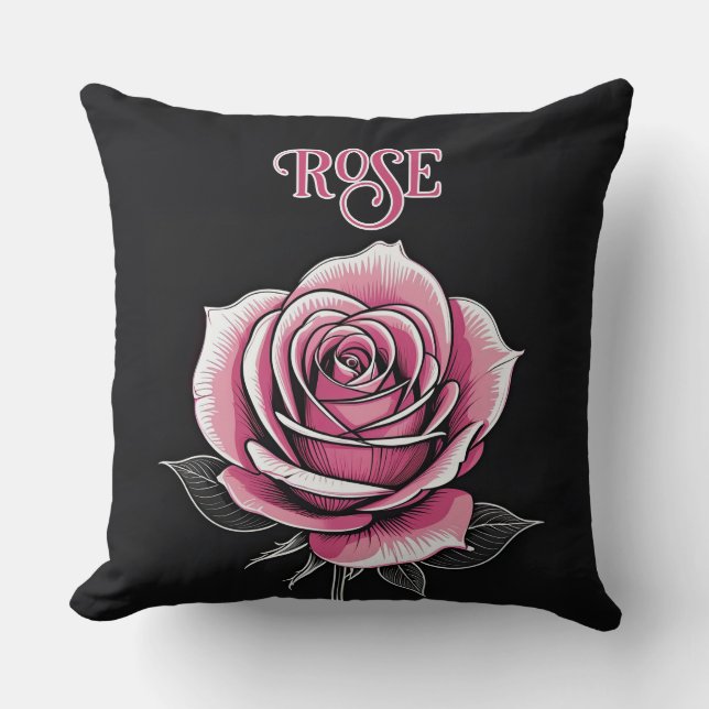 Coussin Rose rose sur noir (Rose) (Recto)