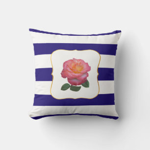 Coussin Rose rose sur rayures bleu marine et blanc