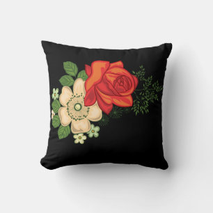 Coussin Rose rouge et pâquerettes Fond noir