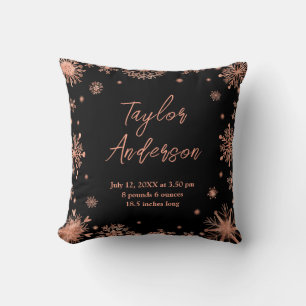Coussin Rose Snowflakes Gold sur Black Birth Stats
