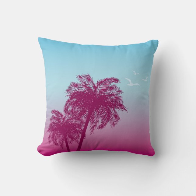 Coussin Rose Sur Palmier Bleu Silhouettes Tropical Été (Recto)