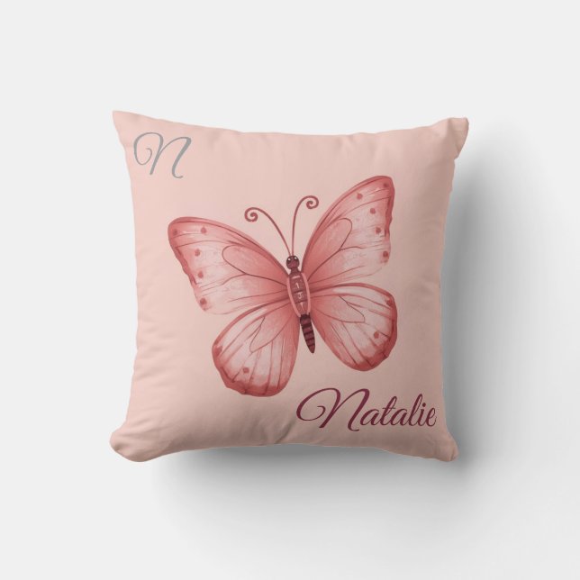 Coussin Rose tendre papillon monogrammé (Recto)