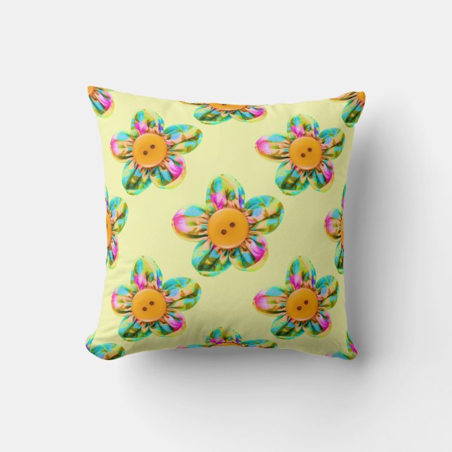 Coussin Rose, violet, fleurs jaunes sur jaune (Recto)