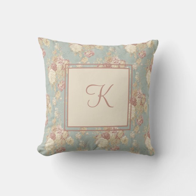 Coussin Roses blanches et roses Monogram sur fond bleu  (Recto)