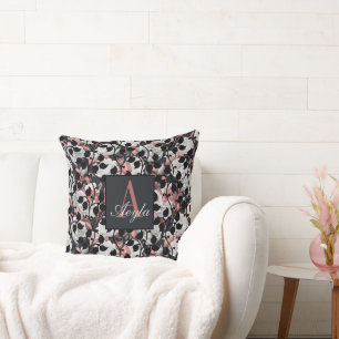 Coussin Roses blanches modernes avec Monogramme Feuille ro