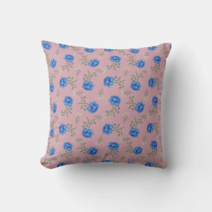 Coussin Roses bleues sur calicot rose géant