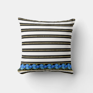 Coussin Roses bleus sur noir, blanc, Gold Stripes Cushion
