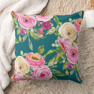 Coussin Roses d'aquarelle en rose et crème sur Turquoise