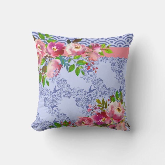 Coussin Roses d'aquarelle et carreau de bleu de bigorneau (Recto)
