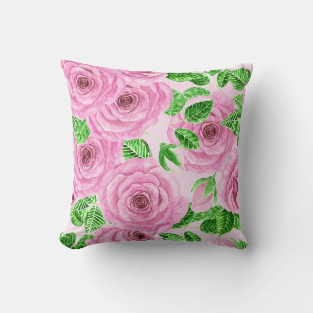Coussin Roses d'aquarelle rose avec feuilles et pattes de  (Recto)