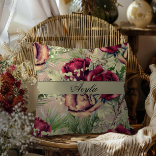 Coussin Roses Élégants vintages Et Pin Sur Bois
