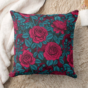 Coussin Roses en rouge et bleu
