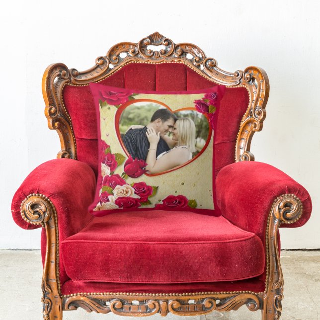 Coussin Roses et cadre cardiaque Couple personnalisé Photo (Créateur téléchargé)