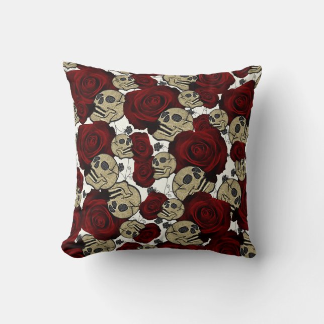 Coussin Roses et crânes rouges Noir Floral Blanc gothique (Recto)