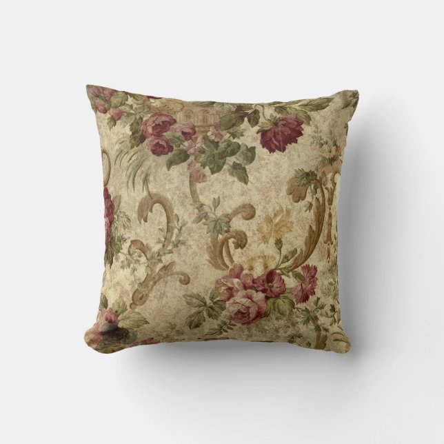 Coussin Roses et manuscrits rouges victoriens (Recto)