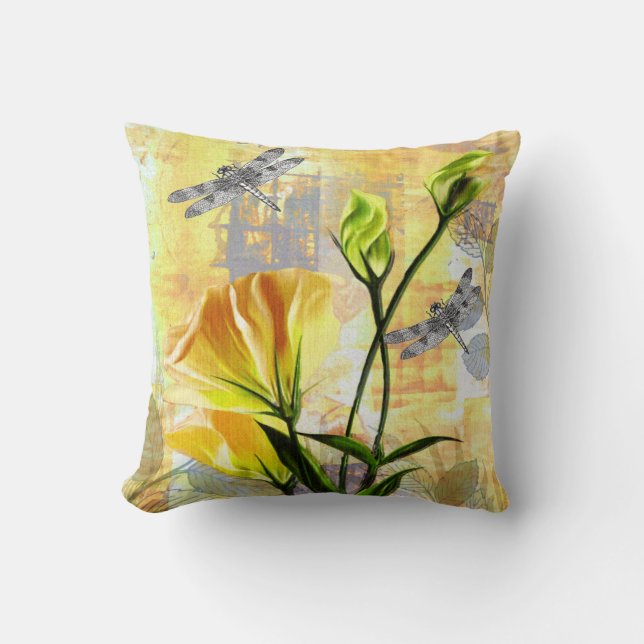 Coussin Roses jaunes et libellules dans la bruyère (Recto)