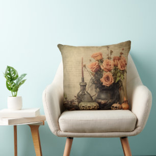 Coussin Roses Macabres Vintage Crânes Sépia