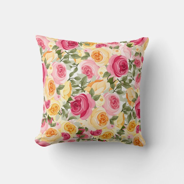 Coussin Roses rose et jaune Ferme Chic Shabby Chic Floral (Recto)
