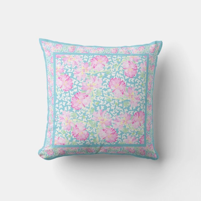 Coussin Roses roses d'aquarelle, papillons blancs, bleu de (Recto)