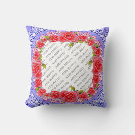 Coussin Roses roses, dentelle, Arrière - plan bleu Ajouter