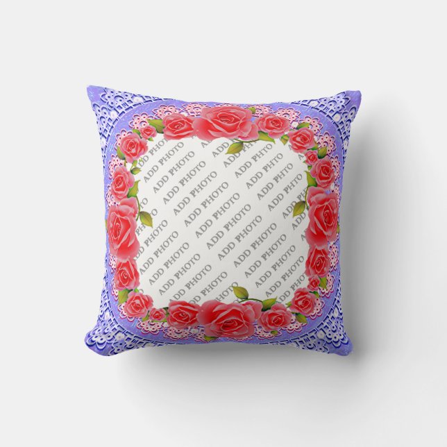 Coussin Roses roses, dentelle, Arrière - plan bleu Ajouter (Recto)