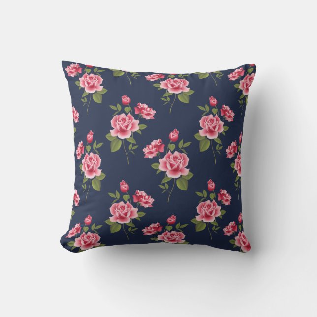 Coussin Roses roses du Shabby sur l'oreiller bleu marine (Recto)