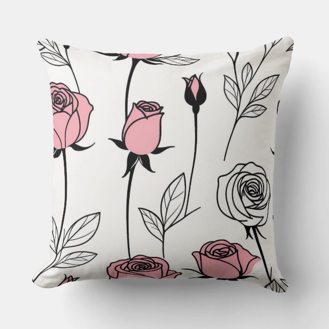 Coussin Roses roses et noirs sur blanc (Recto)