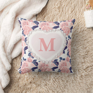 Coussin Roses roses navires bleu floral Perle Monogramme