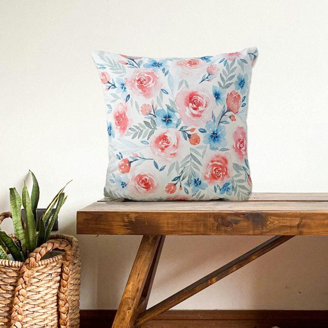 Coussin Roses Roses Roses Bleues Fleurs Aquarelle Motif Fl (Créateur téléchargé)