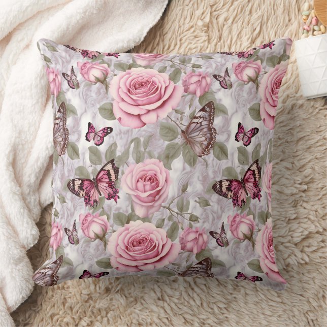 Coussin Roses roses roses et papillons Aquarelle Florale (Couverture)